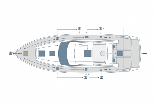 Flat vector yacht deck plan showing key handover inspection points from bow windlass to stern emergency tiller
