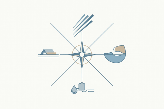 Flat vector editorial diagram showing the balance between wind angles, swimming coves, water autonomy, and ashore time