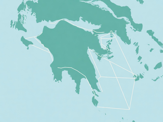 Flat vector schematic map of the Southern Ionian showing Lefkas, Meganisi, Kalamos, Kastos, Ithaca, and Kefalonia connections