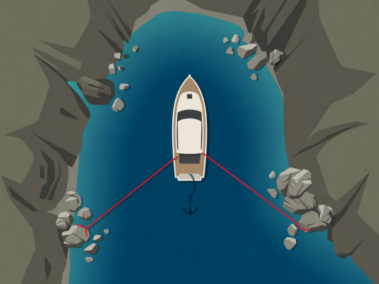 Flat vector illustration of a yacht anchored in a narrow cove with bow anchor in deep water and two floating red lines tied to shore rocks