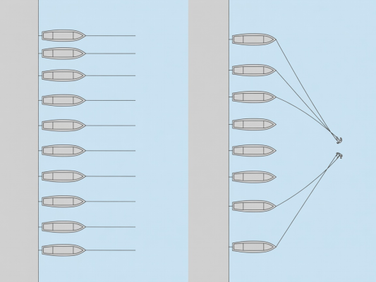 Flat vector harbour plan comparing lazy-line marina berthing with bow-anchor stern-to mooring on a municipal quay